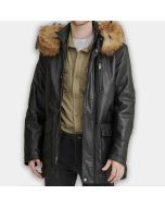 Leather Puffer Jacket Real Leather Removeable Hood