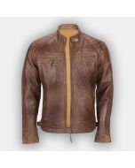 Mens Biker Quilted Classic Vintage Distressed Brown Real Leather Jacket