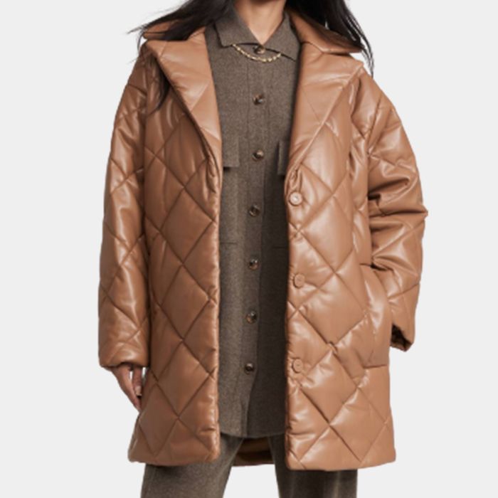 Women Puffer Leather Jacket Genuine Leather Light Brown