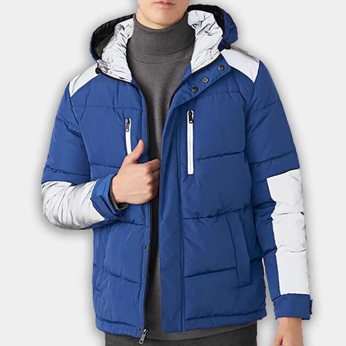 Puffer Leather Jacket White and blue leather Jacket With Hood