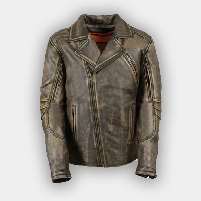 Men’s Brown Distressed Leather Police Jacket Real Leather