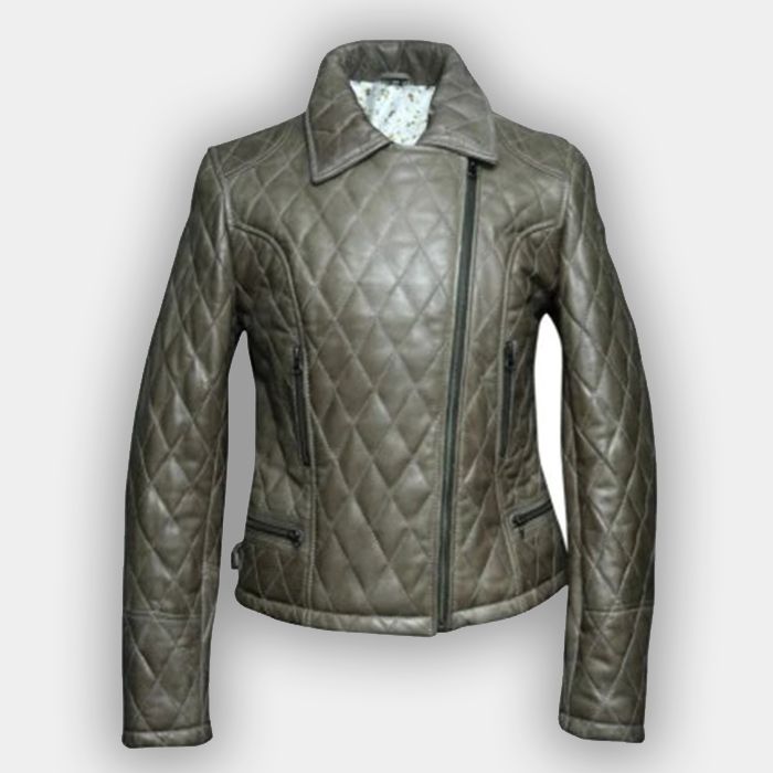 Women Fashion Real Leather Motorbike Jacket Olive Green Stylish Design