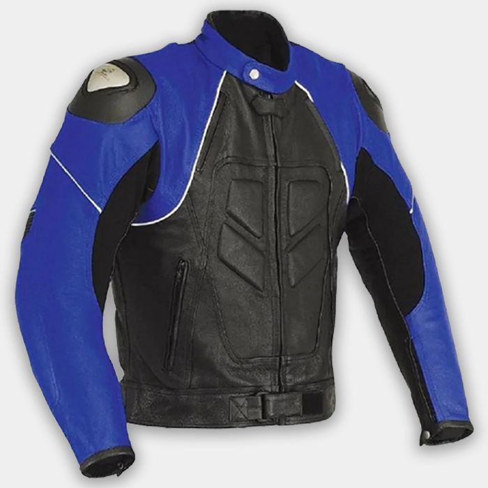 Men Motorbike Genuine Leather Motorcycle Biker Riding Jacket Black and Blue
