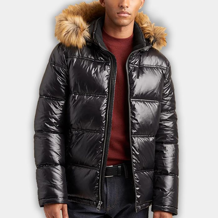Leather Puffer Jacket Real Leather with fur hooded