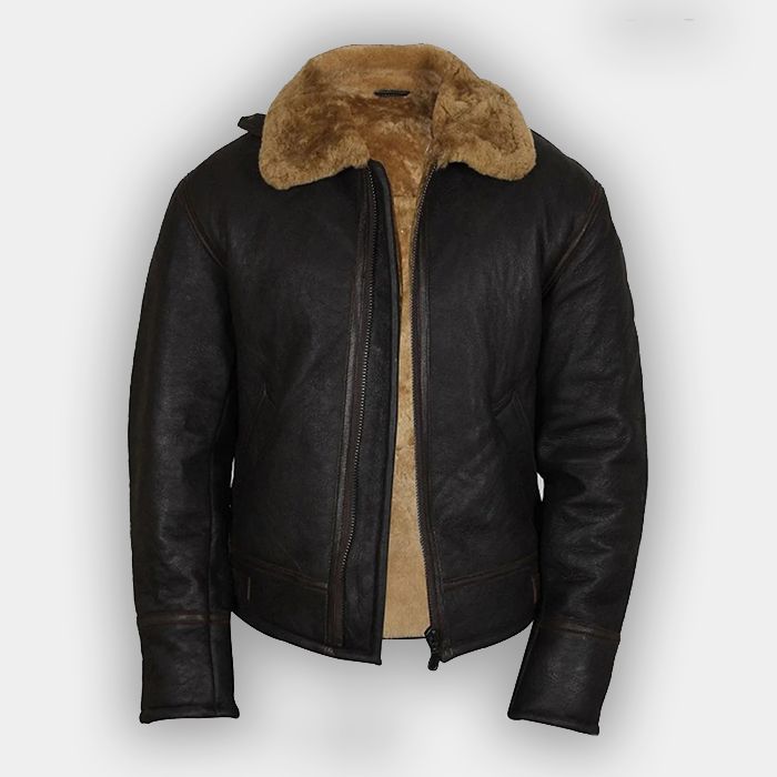 Biker Style Black Flying Shearling Real Leather Jacket