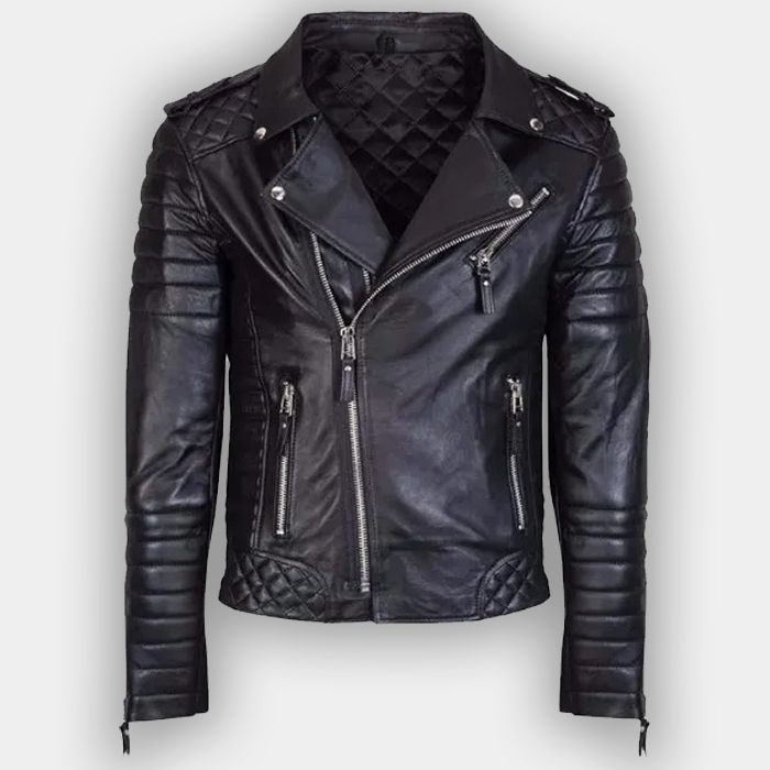 Mens  Leather entire Brando Biker Style Quilted Black Motorcycle Leather Jacket