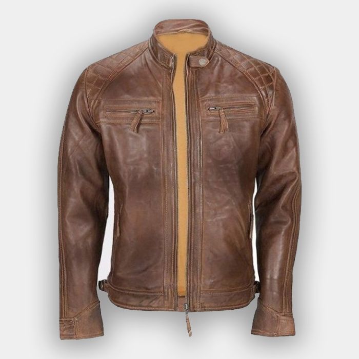 Mens Biker Quilted Classic Vintage Distressed Brown Real Leather Jacket