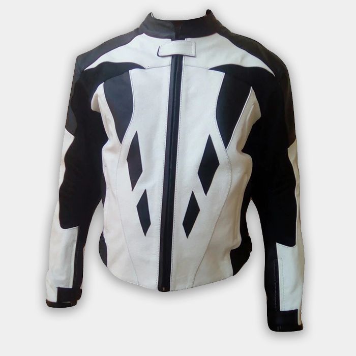 Mens Fashion Real Leather Motorbike Jacket Black And White Design