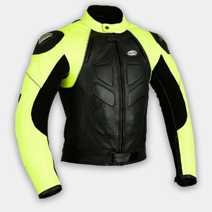 Motorbike Genuine Leather Motorcycle Riding Jacket Black and Yellow