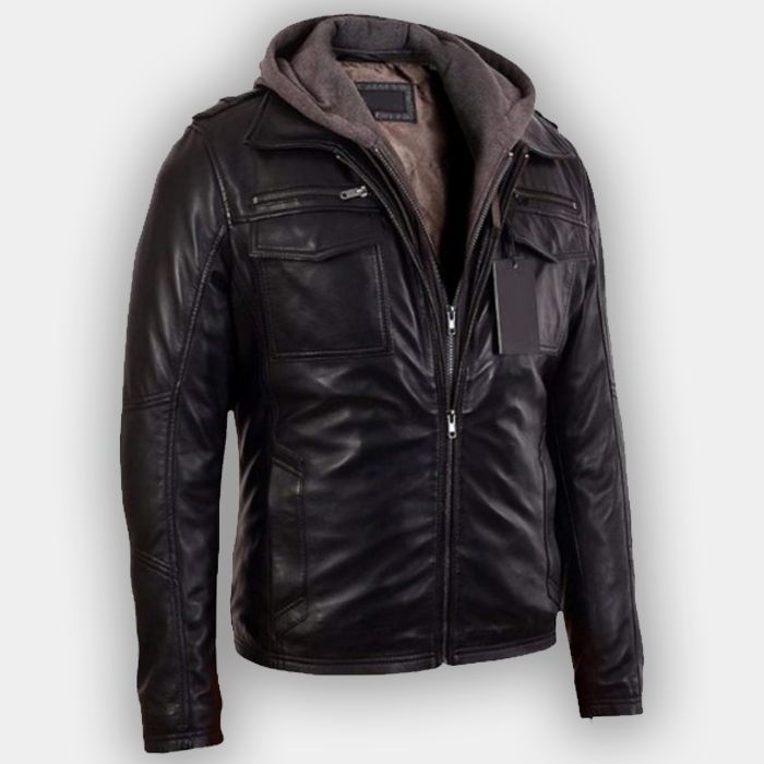 Mens Black Bomber Lambskin Real Leather Jacket With Hood New LJ-12