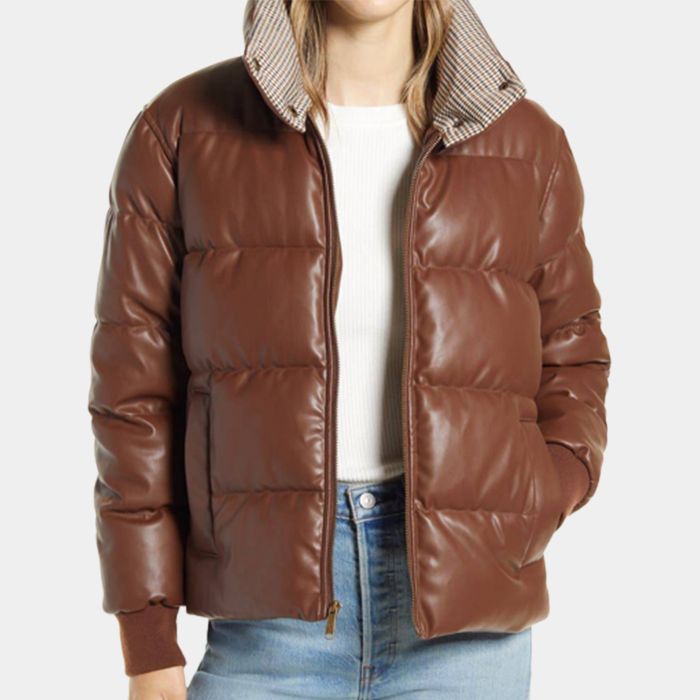 Women Puffer Leather Jacket Genuine Leather Dark Brown