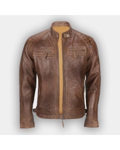 Mens Biker Quilted Classic Vintage Distressed Brown Real Leather Jacket